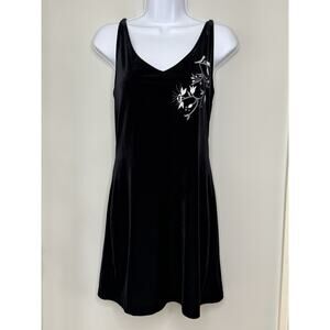 VTG Y2K Velvet Mini Dress Womens L Black Floral Embroidered Whimsigoth Fairy Fem
